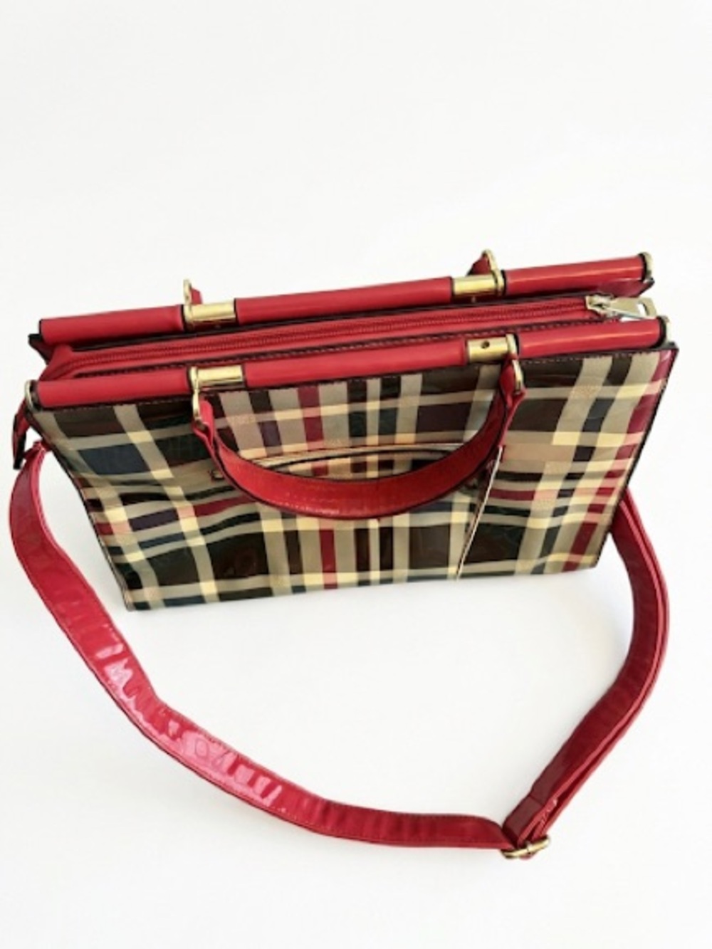 Rimen & Co. Los Angeles USA Patent Plaid Shoulder Bag with Red Trim
